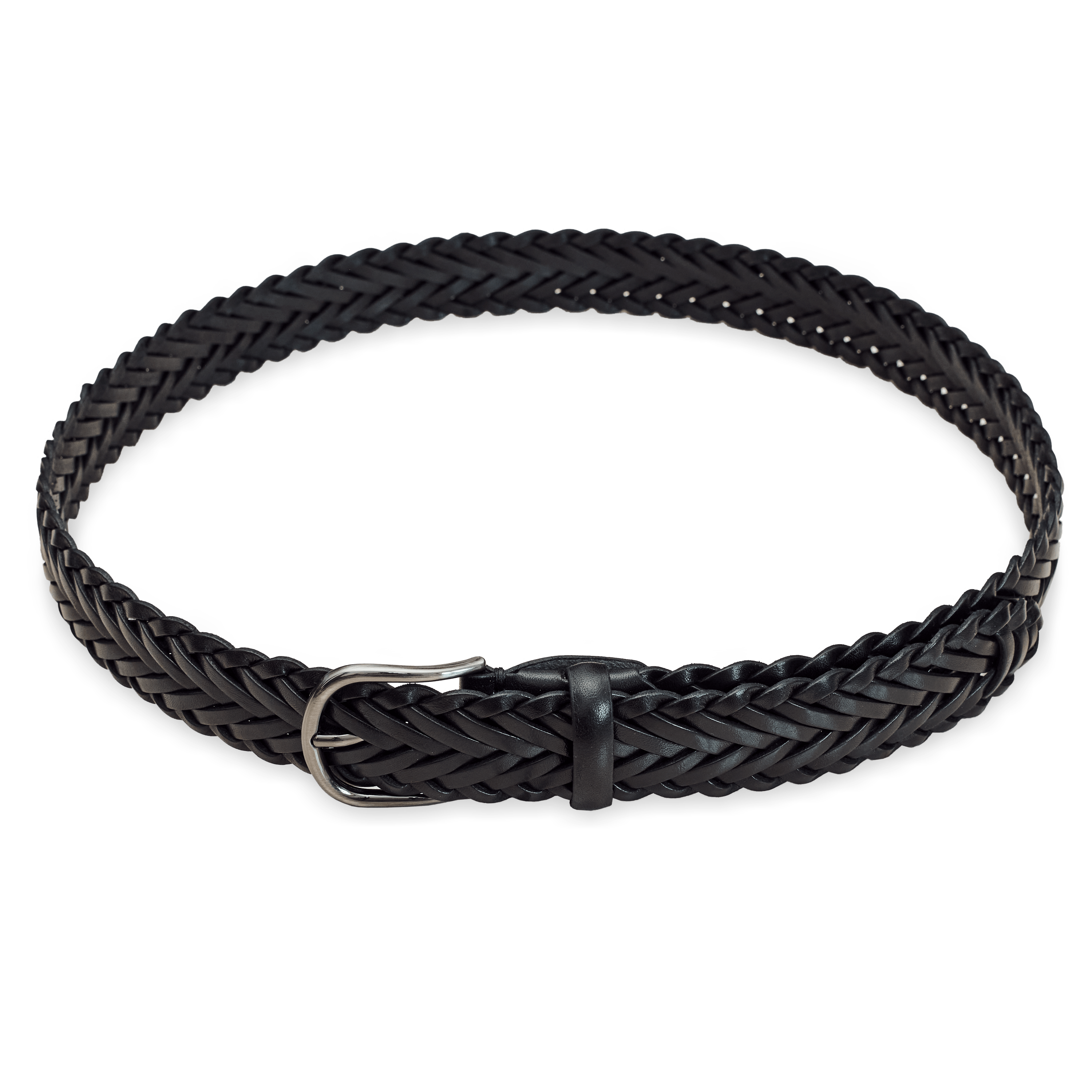 Woven leather belt with a hand-braided tip